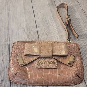 Guess Brown Croc-Embossed Wristlet with Bow